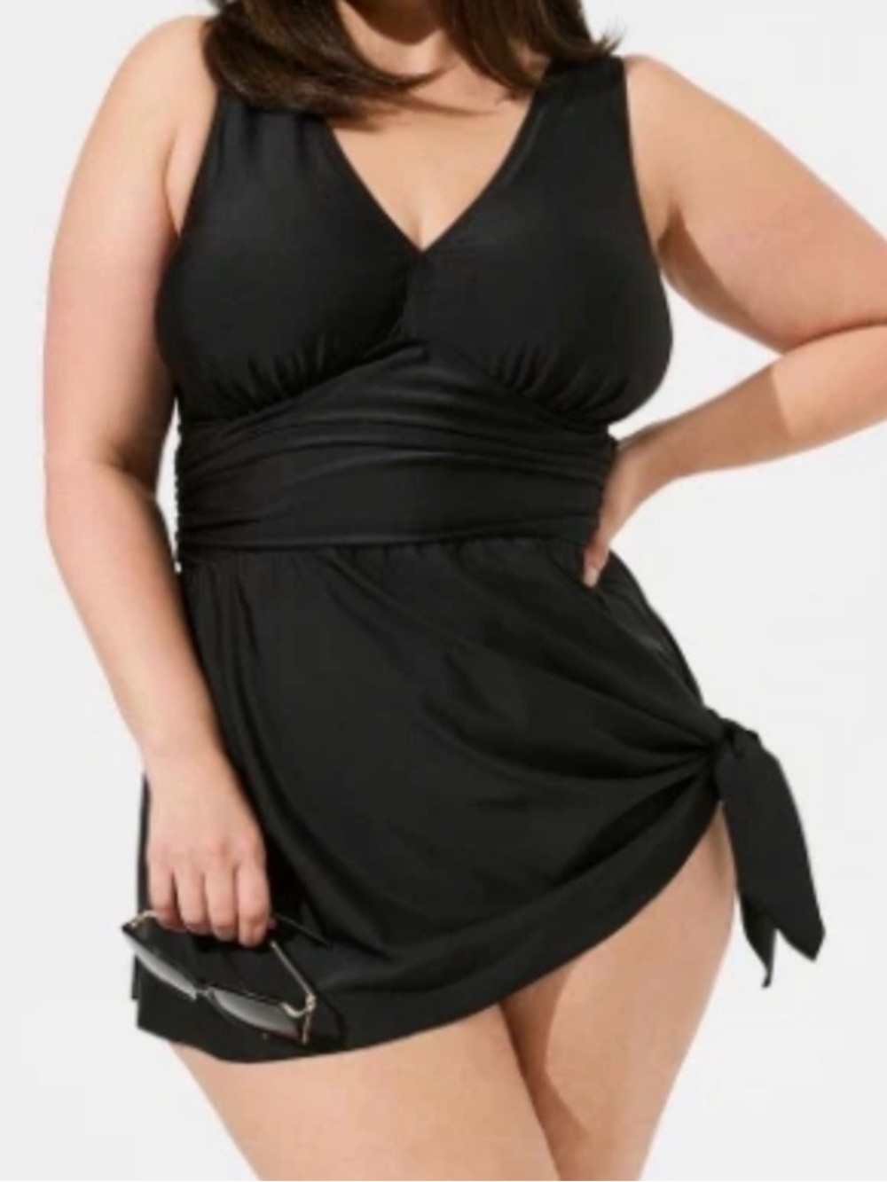 torrid Black One-Piece Swimsuit with Skirt Tie Flattering Ruching
